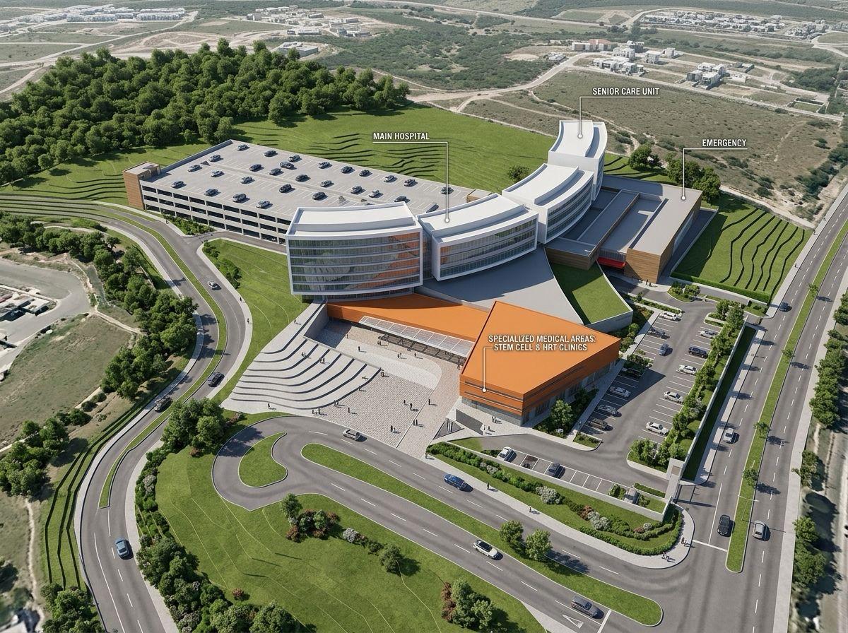 Aerial render of the Llano Grande medical complex